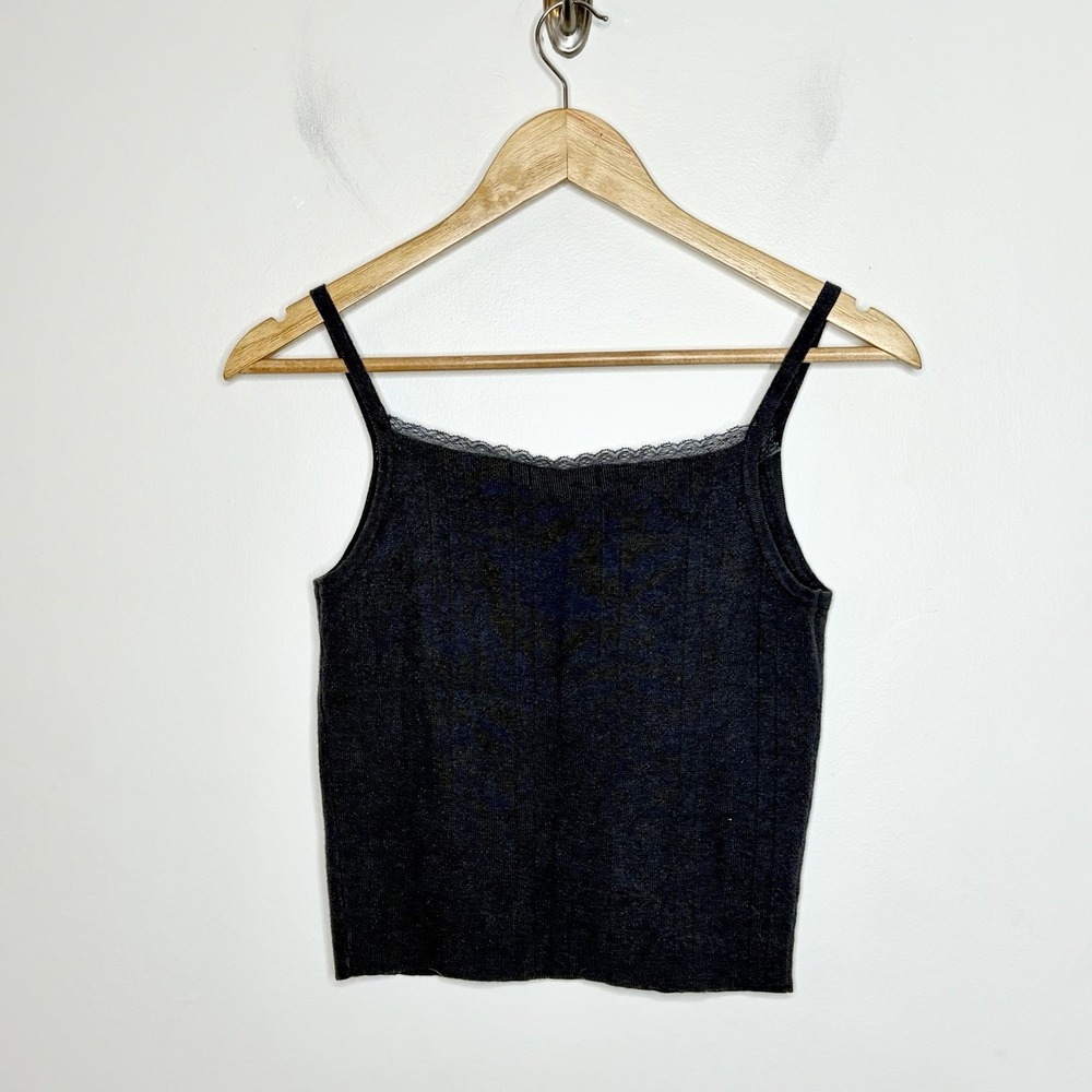 Lace Trim Pointelle Knit Cami Tank Top Womens L Y2K Cottagecore Coquette Strappy - Picture 4 of 4